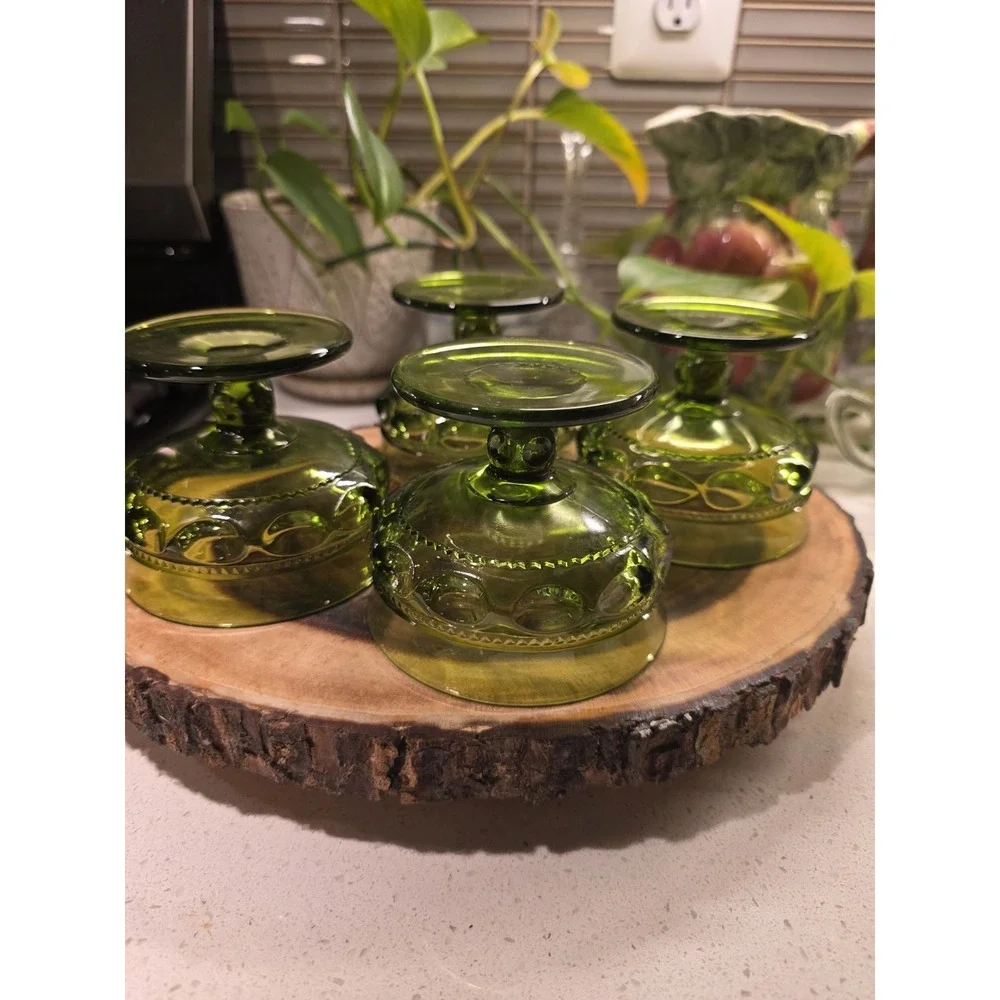 VTG Avocado Green Indiana Glass Kings Crown Thumbprint Dessert Goblet Set Of 4